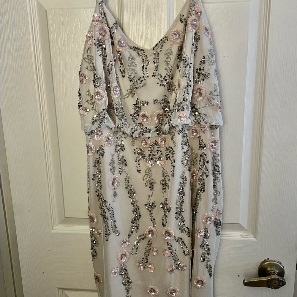 Adrianna Papell Cream Sequin Maxi Dress with Scoop Neck